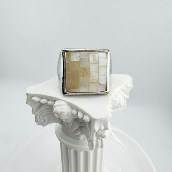 Lia Sophia Silver Tone Mother of Pearl Mosaic Ring Modern Square Statement - Picture 5 of 10